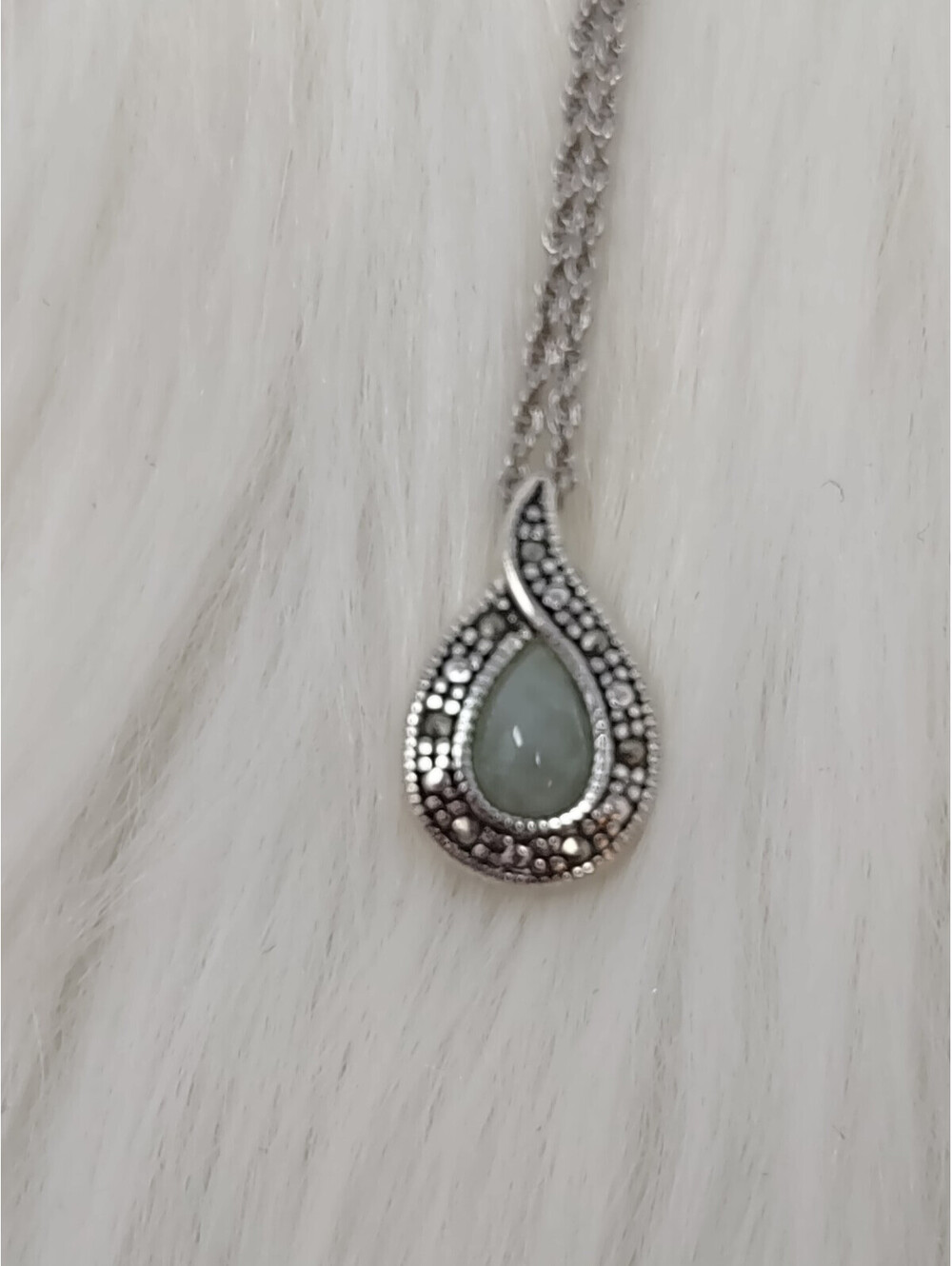 Sterling Silver Nephrite Jade Marcasite Teardrop Necklace